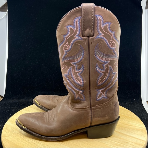 Nocona Brown/Pink/Blue Leather Western Cowgirl Boots Women's Size 7B - Picture 6 of 9